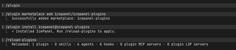 Claude Code terminal installing the IcePanel plugin