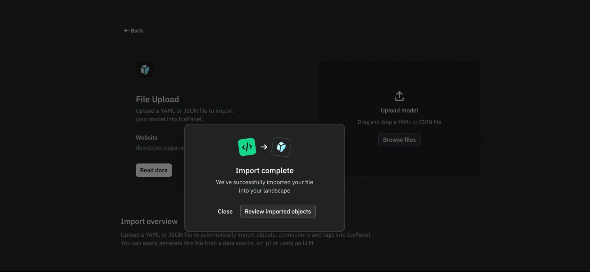 IcePanel import complete confirmation after uploading a YAML or JSON model file