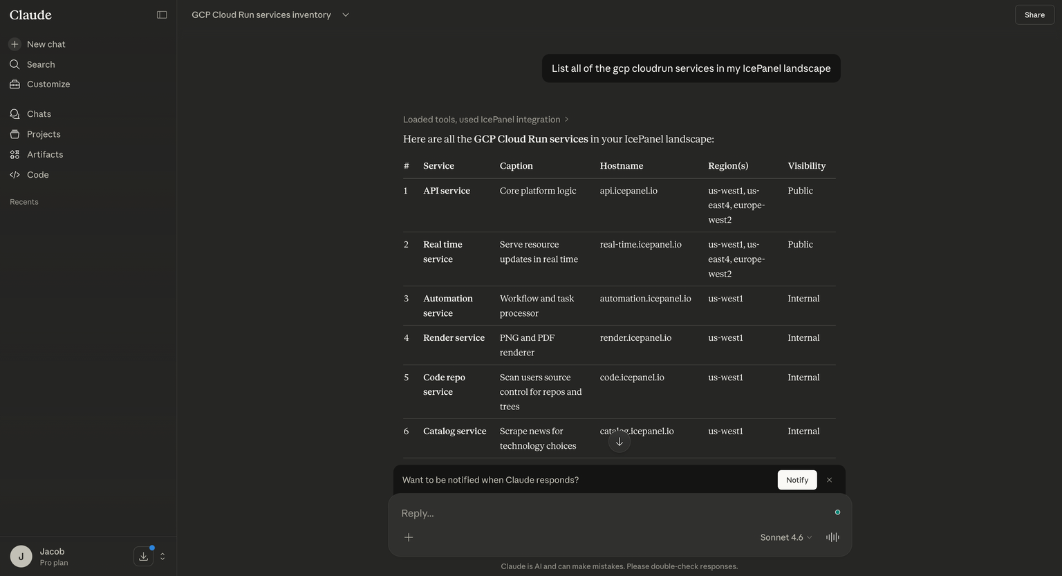 Claude using the IcePanel MCP integration to list GCP Cloud Run services from a landscape