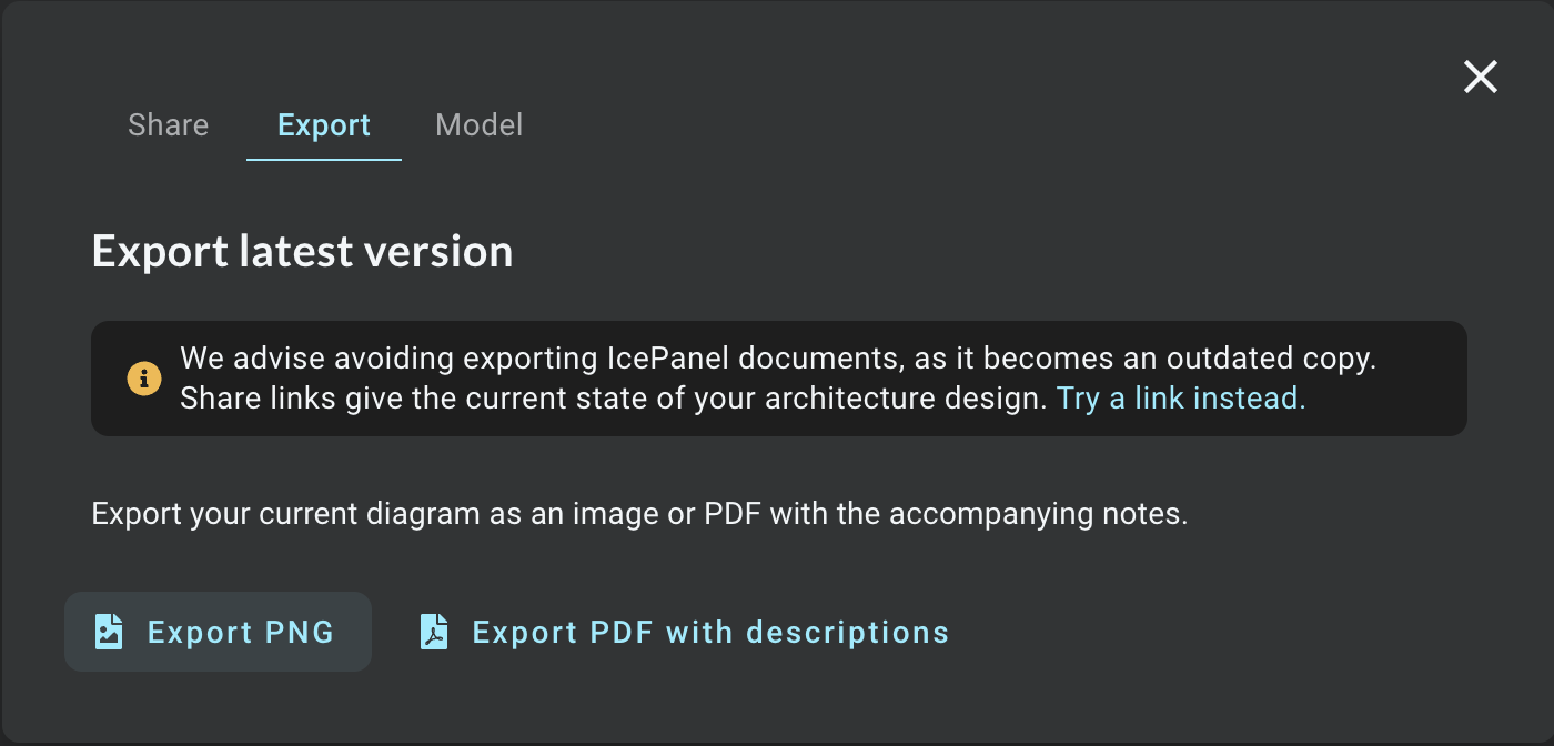 PNG and PDF export options in share modal